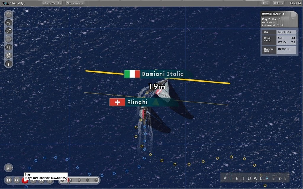 Tracks of Alighi and Italia showing the extreme course alteration by Italia to attck Alinghi - and the Swiss yacht&rsquo;s response &copy; ARL Media http://www.arl.co.nz/